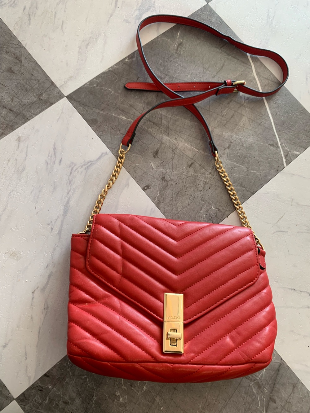 Aldo Red Quilted Crossbody with Gold Chain